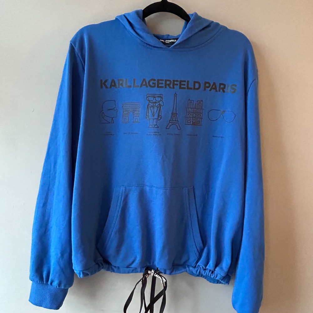Karl Lagerfeld Paris Blue Graphic Hoodie‎ Paris Icons Logo Drawstring Womens M